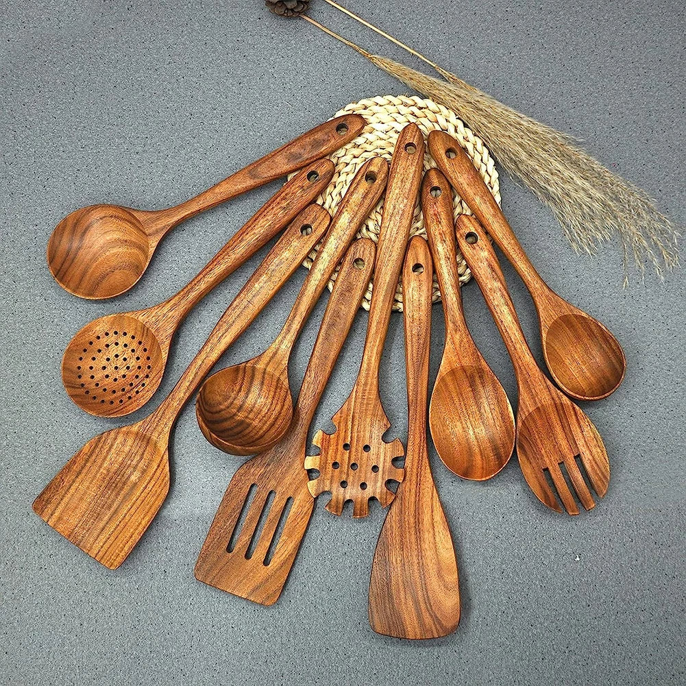 Wooden Kitchen Cooking Tools and Utensils Set Wood Spatula Soup Ladle Slotted Ladle Pasta Spoon Kitchen Accessories