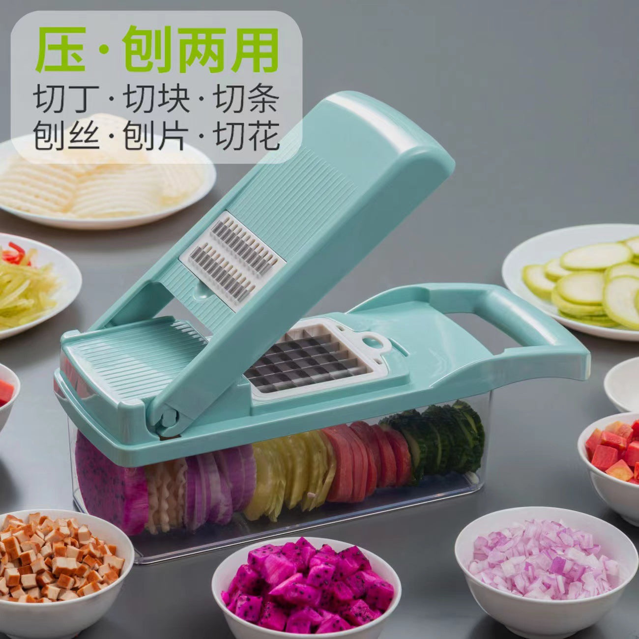 Kitchen Accessory 12 in 1 Onion Gadgets Mincer Potato Dicer Spiralizer Cutter Hand Held Vegetable Food Chopper