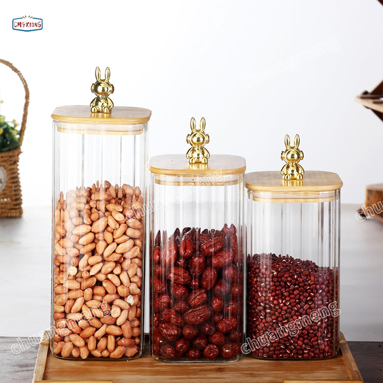 Stripe Clear High Borosilicate square Glass Candle Spice Jar Honey Glass Jar With Bamboo Wooden Lid