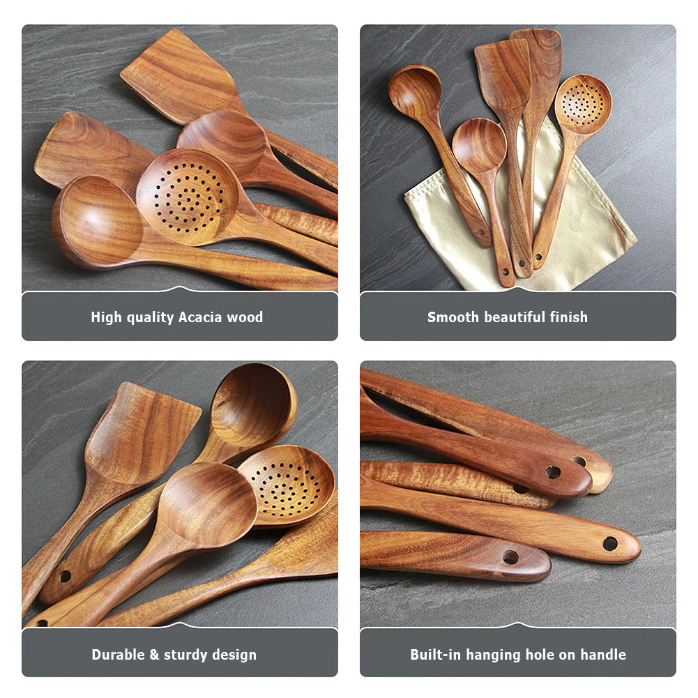 Wooden Kitchen Cooking Tools and Utensils Set Wood Spatula Soup Ladle Slotted Ladle Pasta Spoon Kitchen Accessories
