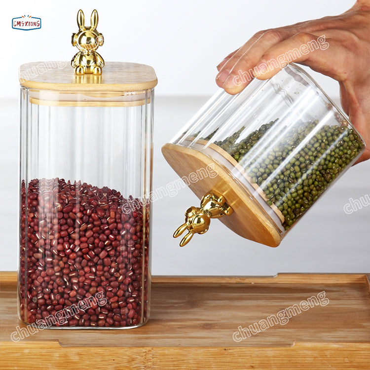 Stripe Clear High Borosilicate square Glass Candle Spice Jar Honey Glass Jar With Bamboo Wooden Lid