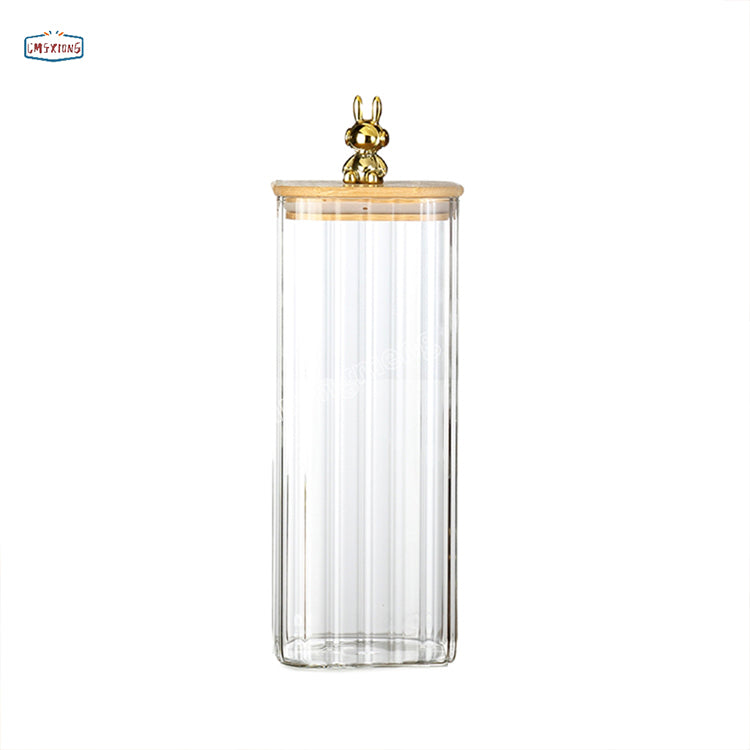 Stripe Clear High Borosilicate square Glass Candle Spice Jar Honey Glass Jar With Bamboo Wooden Lid