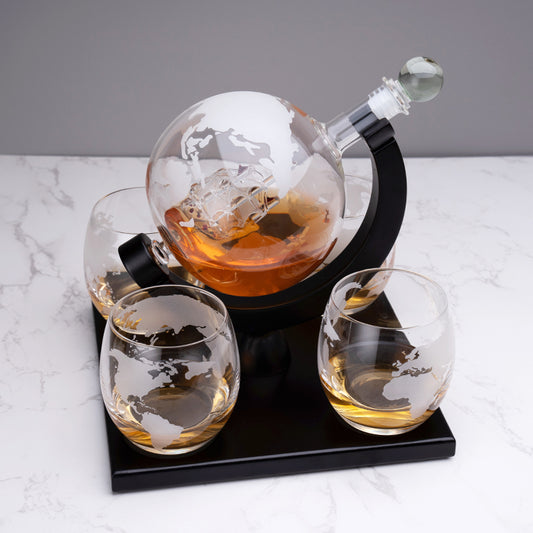 Factory Sale Custom 850ML Globe Shape Glass Whiskey Decanter Set – Premium Liquor Dispenser with Etched World Map & Glasses for Bar or Gift