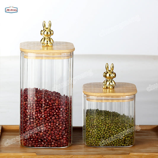 Stripe Clear High Borosilicate square Glass Candle Spice Jar Honey Glass Jar With Bamboo Wooden Lid