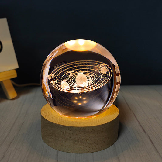 3D Art Crystal Ball Night Lamp – Solar System LED Night Light, Luminous Crystal Globe for Bedroom, Office, and Desktop Home Decoration