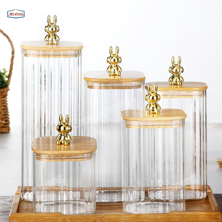 Stripe Clear High Borosilicate square Glass Candle Spice Jar Honey Glass Jar With Bamboo Wooden Lid