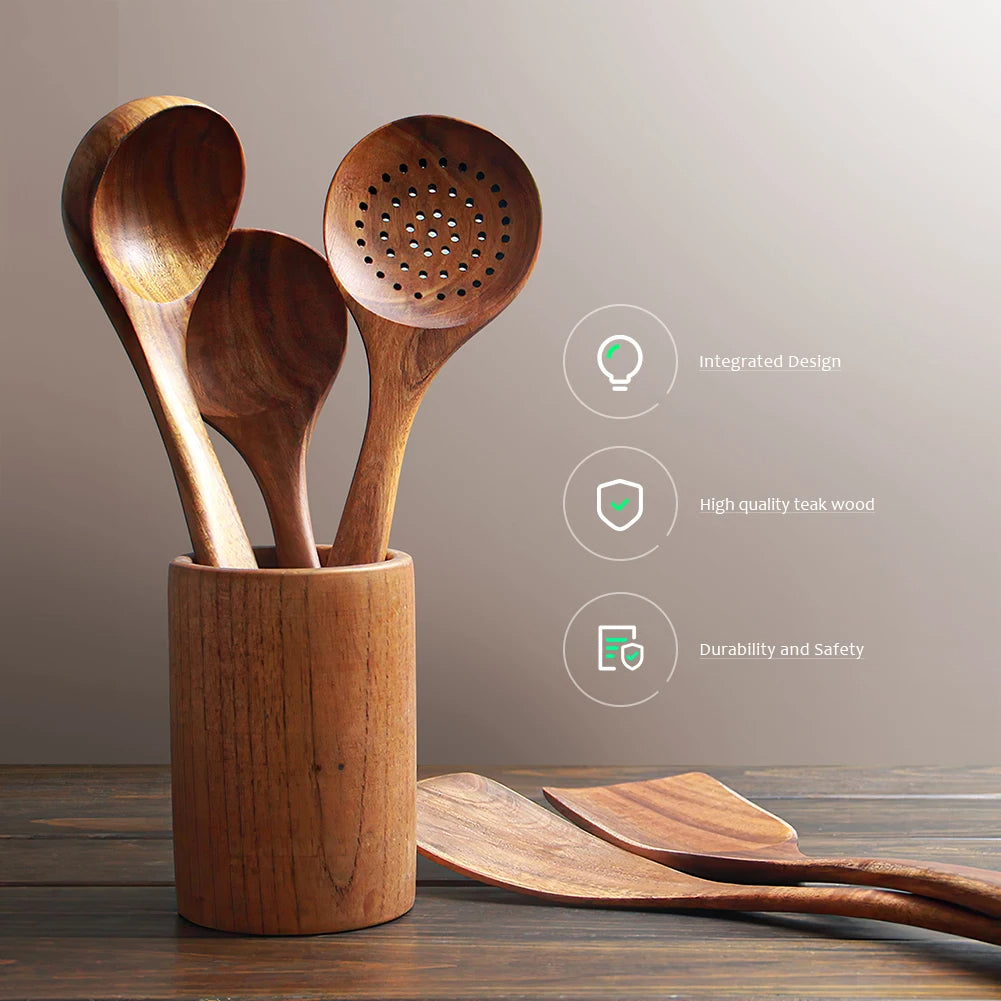 Wooden Kitchen Cooking Tools and Utensils Set Wood Spatula Soup Ladle Slotted Ladle Pasta Spoon Kitchen Accessories